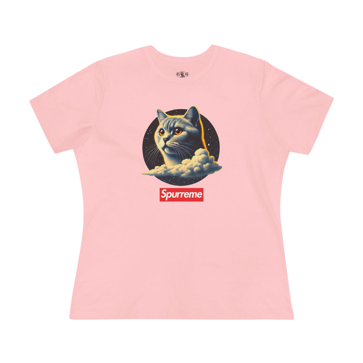 Spurreme Cosmic Cloud Cat Graphic Women's T-Shirt in pink, front view