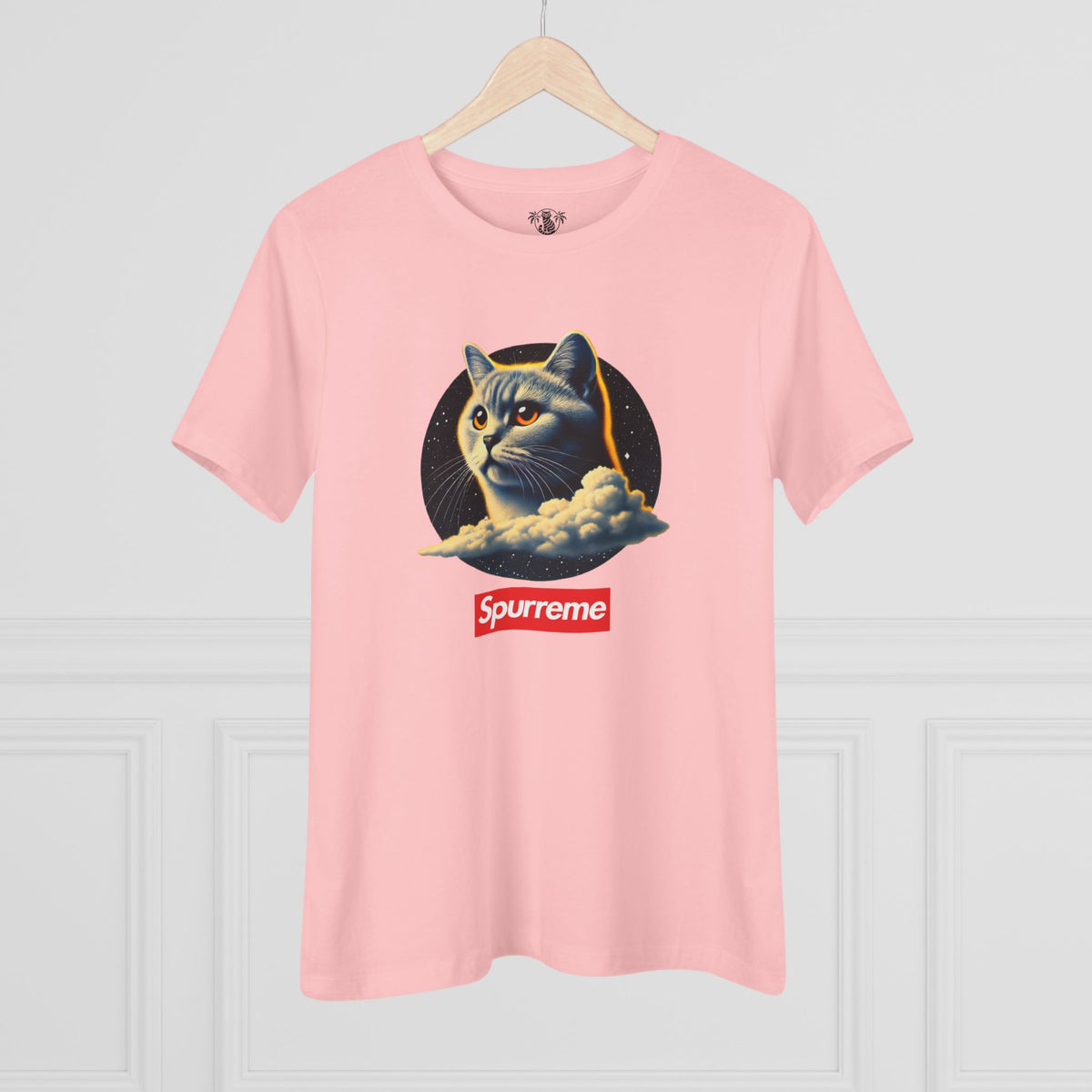 Spurreme Cosmic Cloud Cat Graphic Women's T-Shirt in pink, on a hanger