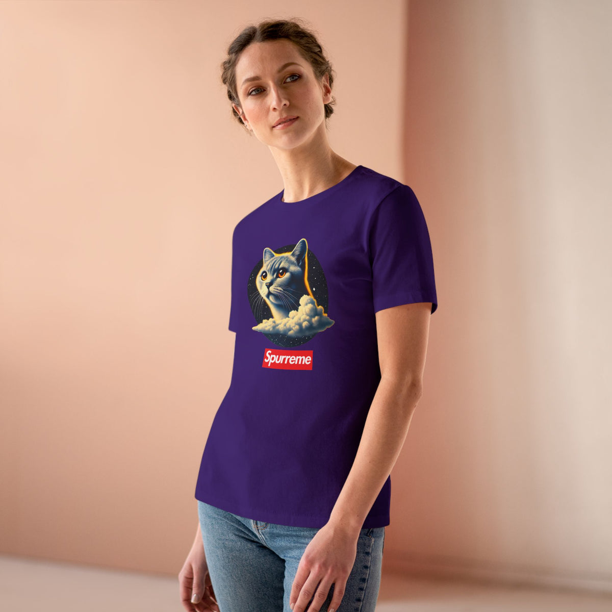 Spurreme Cosmic Cloud Cat Graphic Women's T-Shirt in team purple, worn by a female model