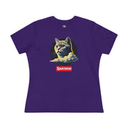 Spurreme Cosmic Cloud Cat Graphic Women's T-Shirt in team purple, front view