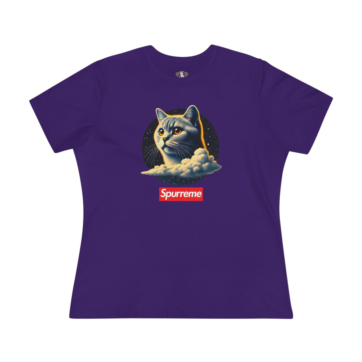 Spurreme Cosmic Cloud Cat Graphic Women's T-Shirt in team purple, front view