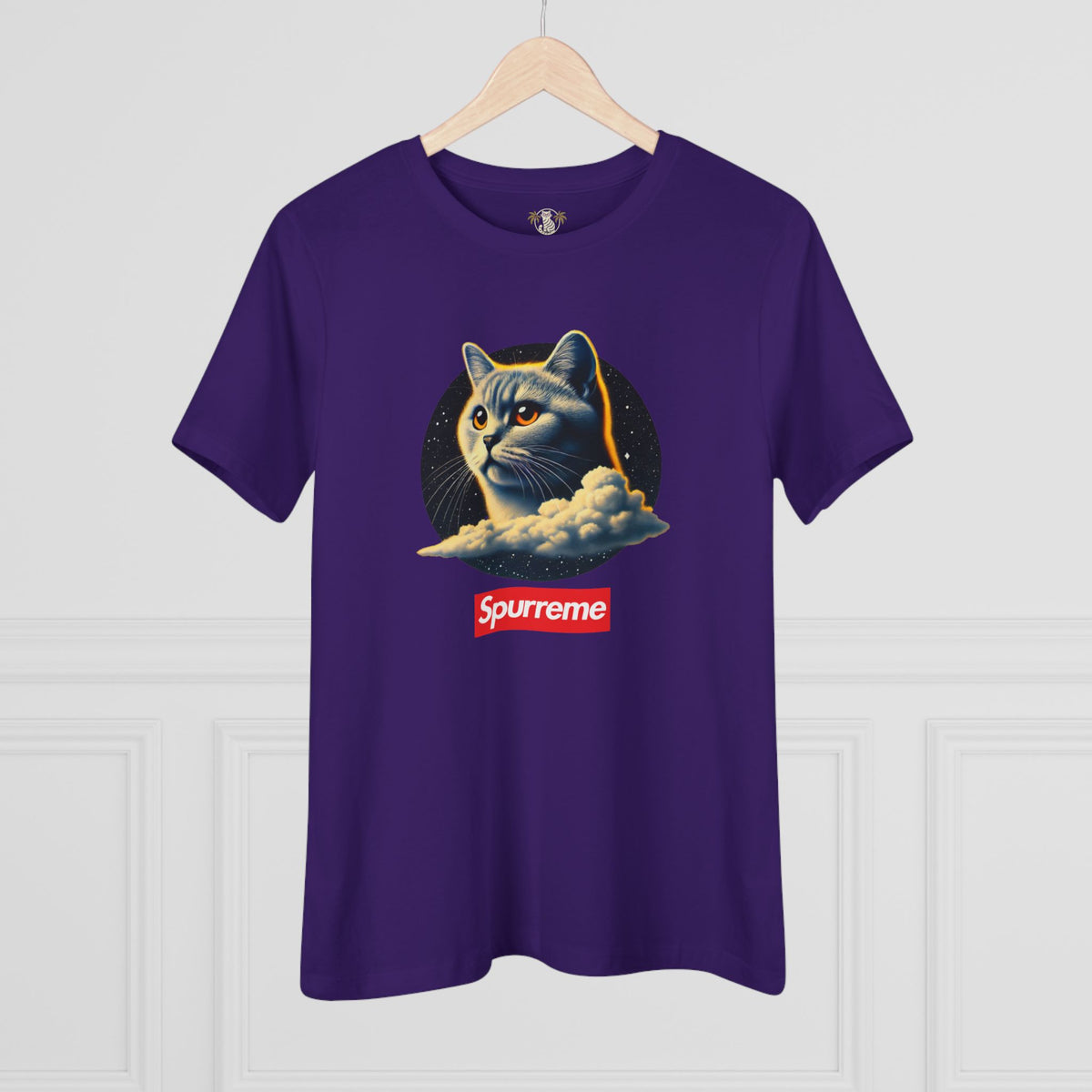 Spurreme Cosmic Cloud Cat Graphic Women's T-Shirt in team purple, on a hanger