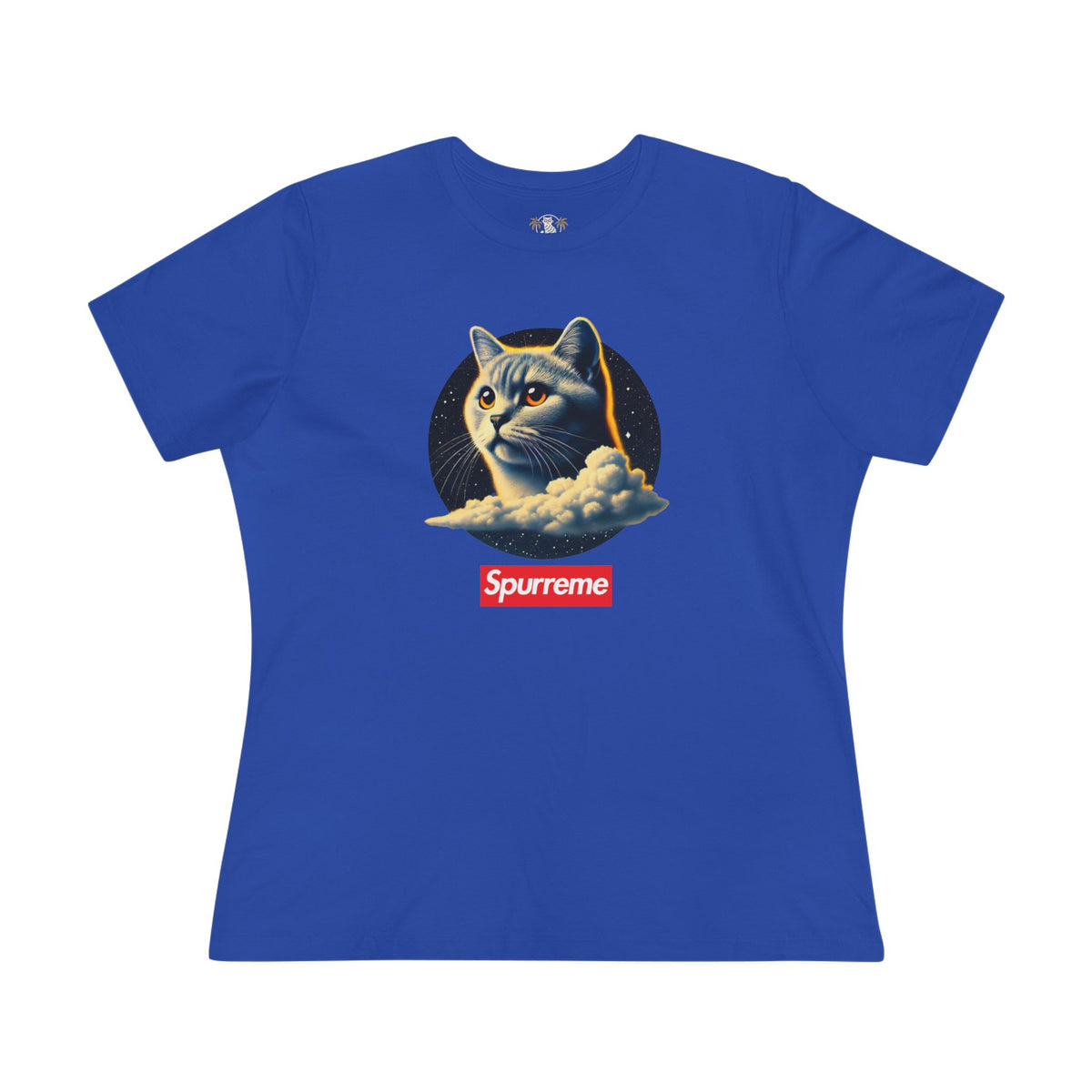 Spurreme Cosmic Cloud Cat Graphic Women's T-Shirt in true royal, front view