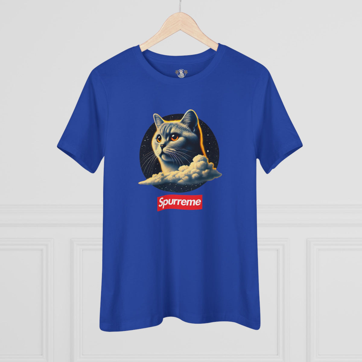 Spurreme Cosmic Cloud Cat Graphic Women's T-Shirt in true royal, on a hanger