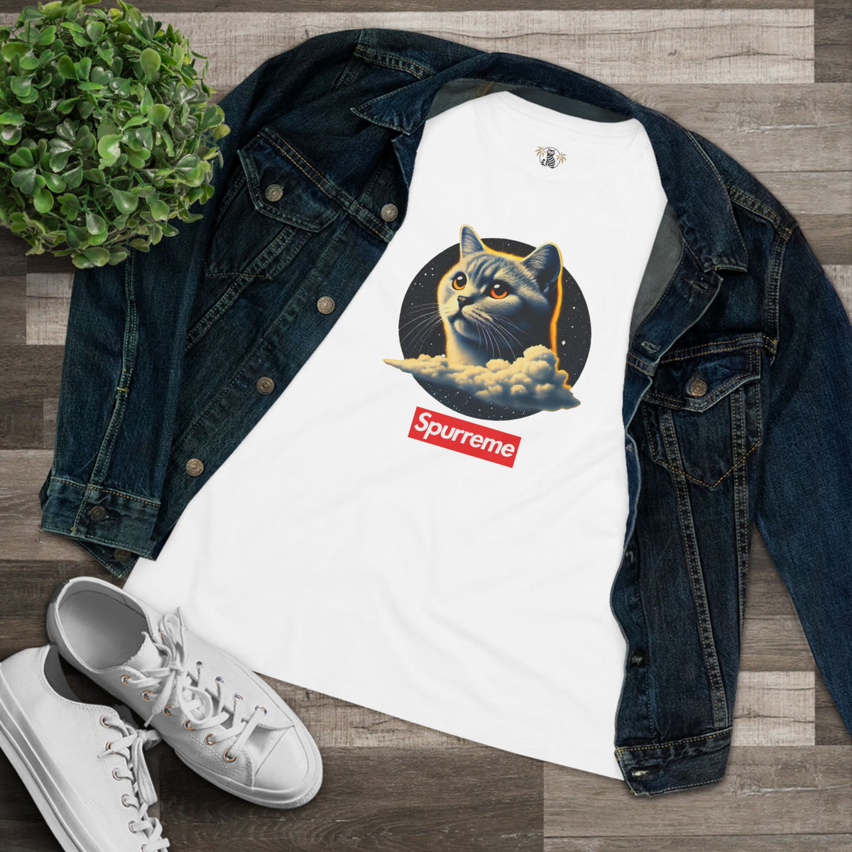 Spurreme Cosmic Cloud Cat Graphic Women's T-Shirt in white, flat lay