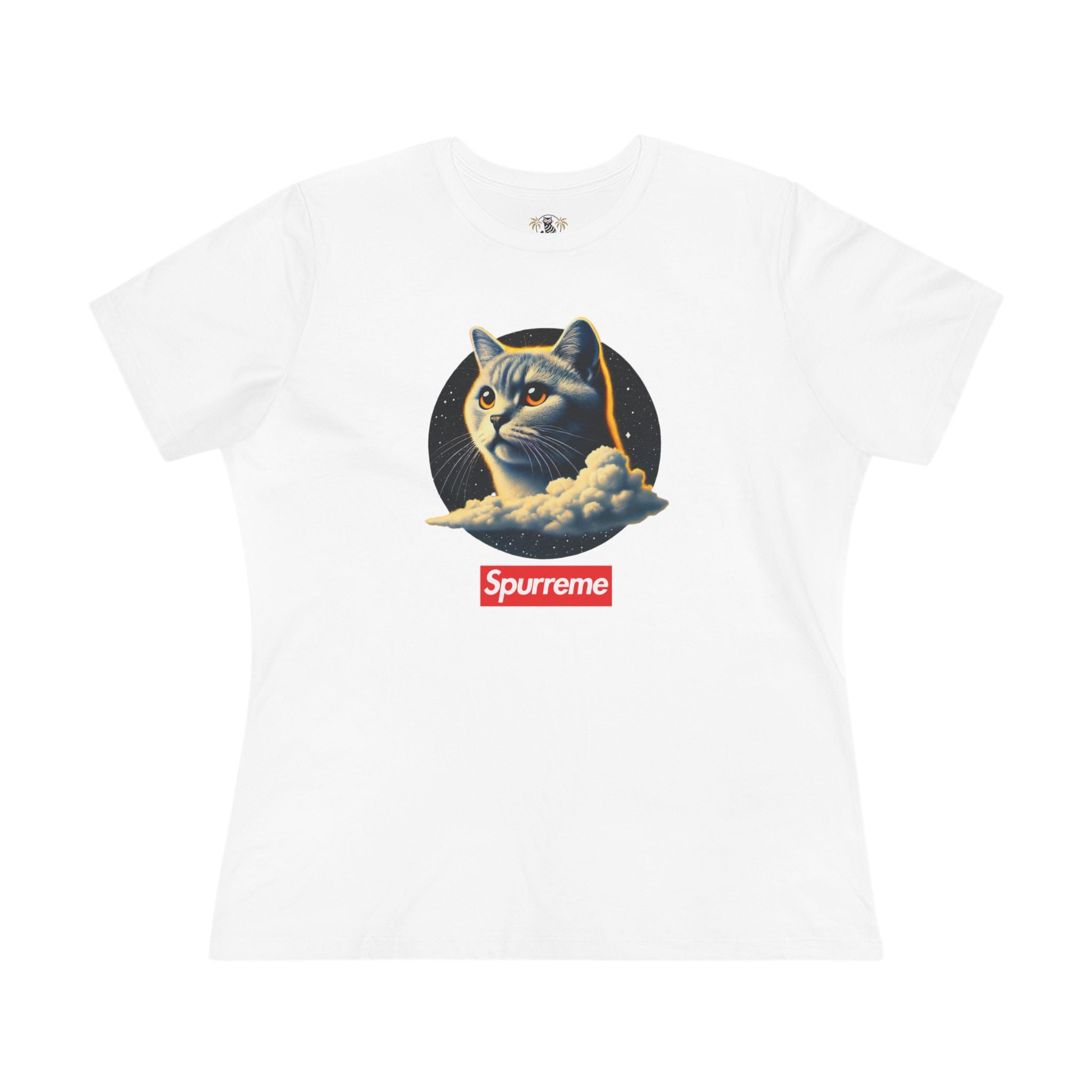 Spurreme Cosmic Cloud Cat Graphic Women's T-Shirt in white, front view