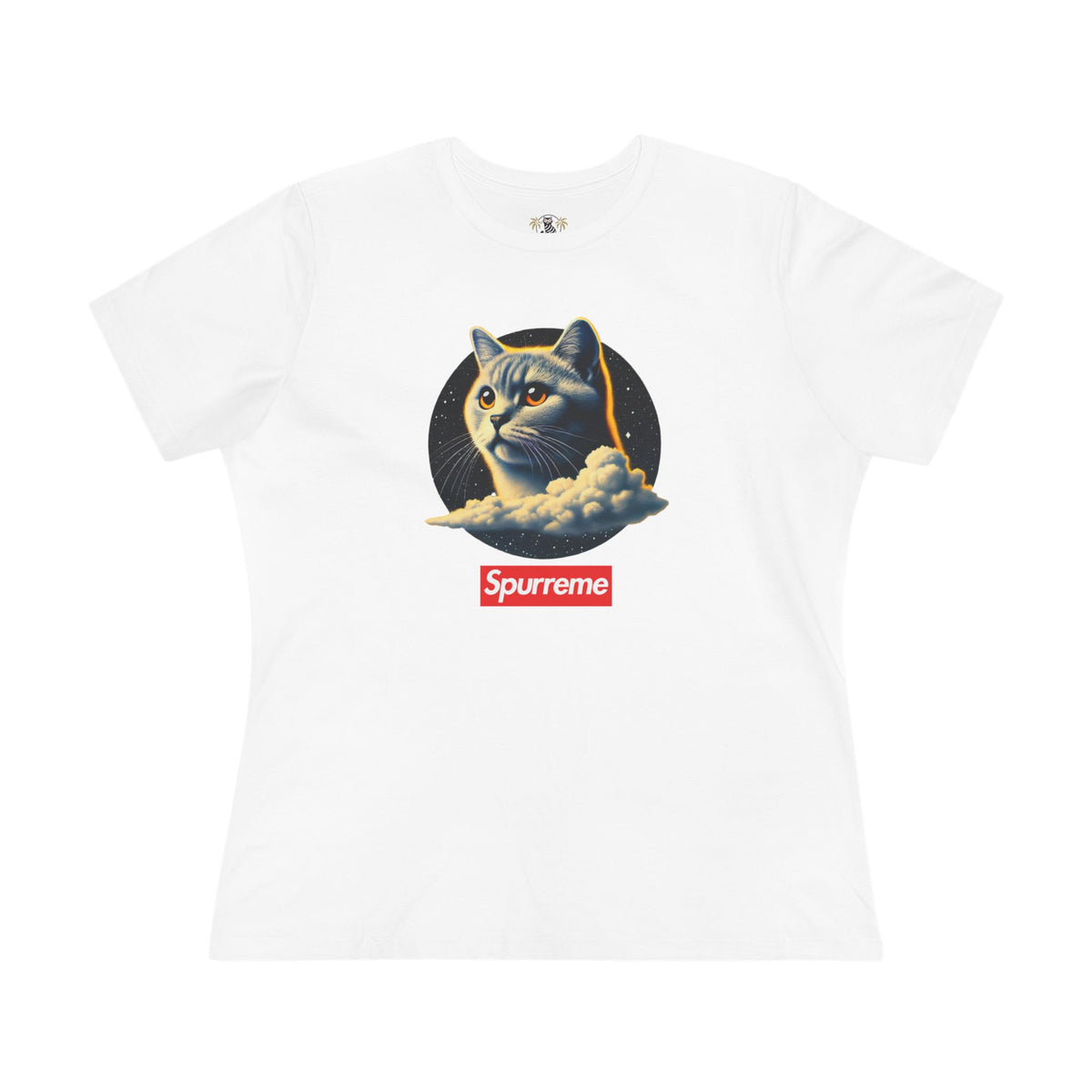 Spurreme Cosmic Cloud Cat Graphic Women's T-Shirt in white, front view