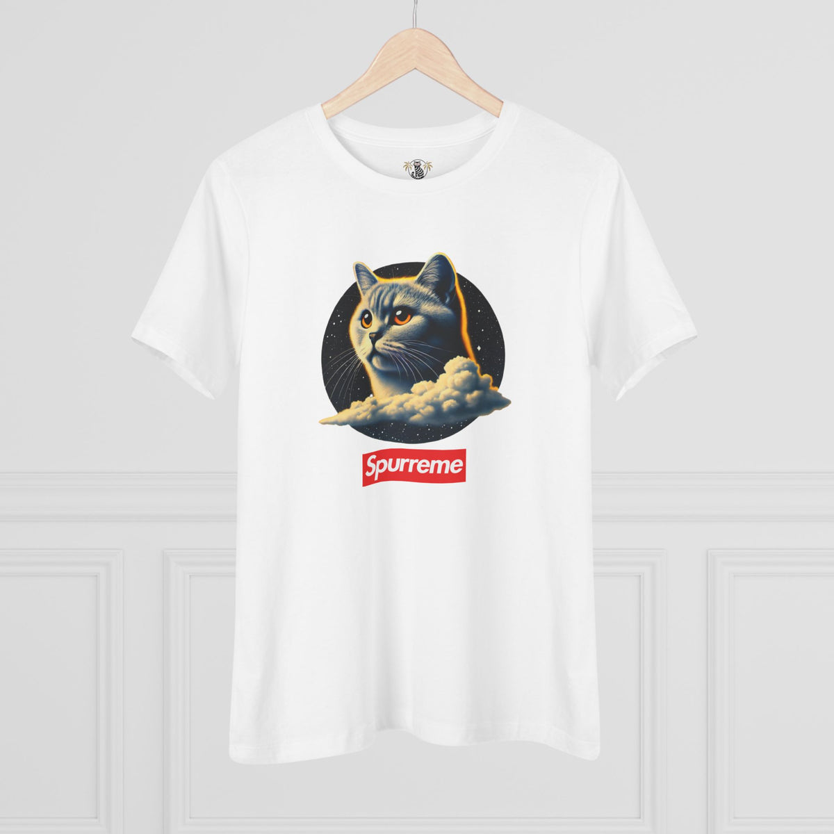 Spurreme Cosmic Cloud Cat Graphic Women's T-Shirt in white, on a hanger