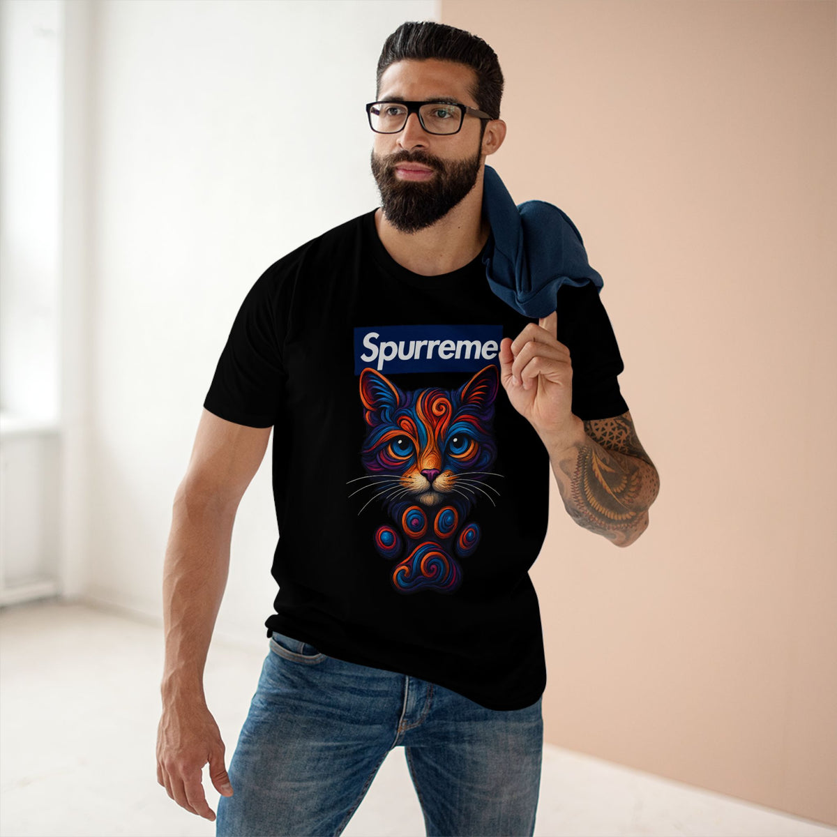 Spurreme Cosmic Pawtrait Cat Graphic T-Shirt in black, worn by a male model