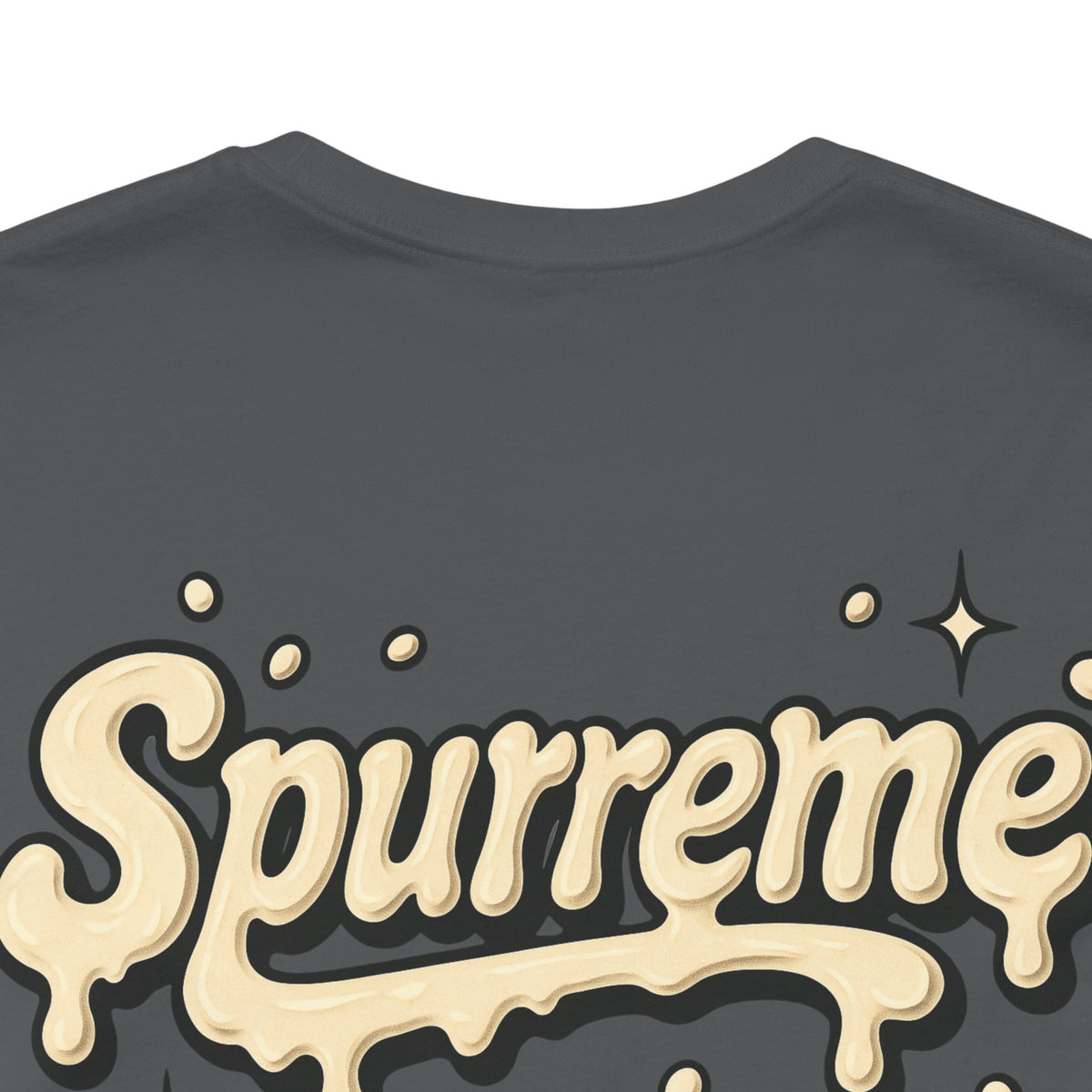 Spurreme Cream Cap Cat Graphic T-Shirt in asphalt, close-up of the back print