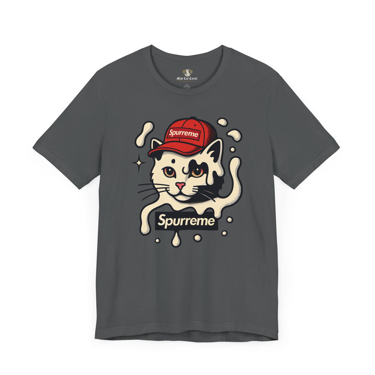 Spurreme Cream Cap Cat Graphic T-Shirt in asphalt, flat lay