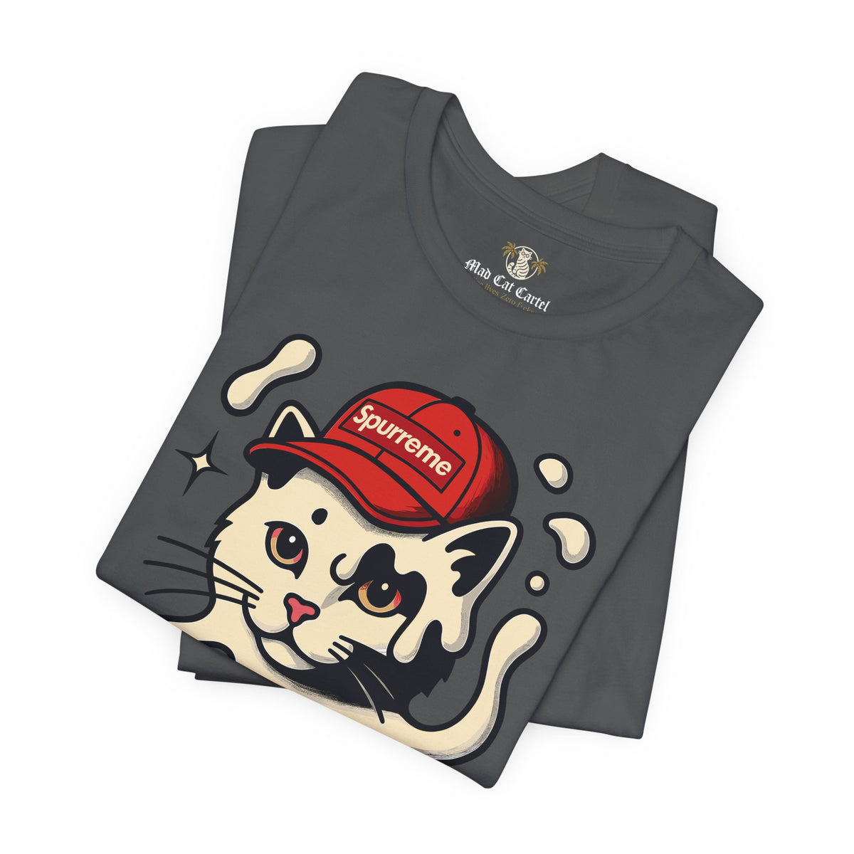 Spurreme Cream Cap Cat Graphic T-Shirt in asphalt, folded
