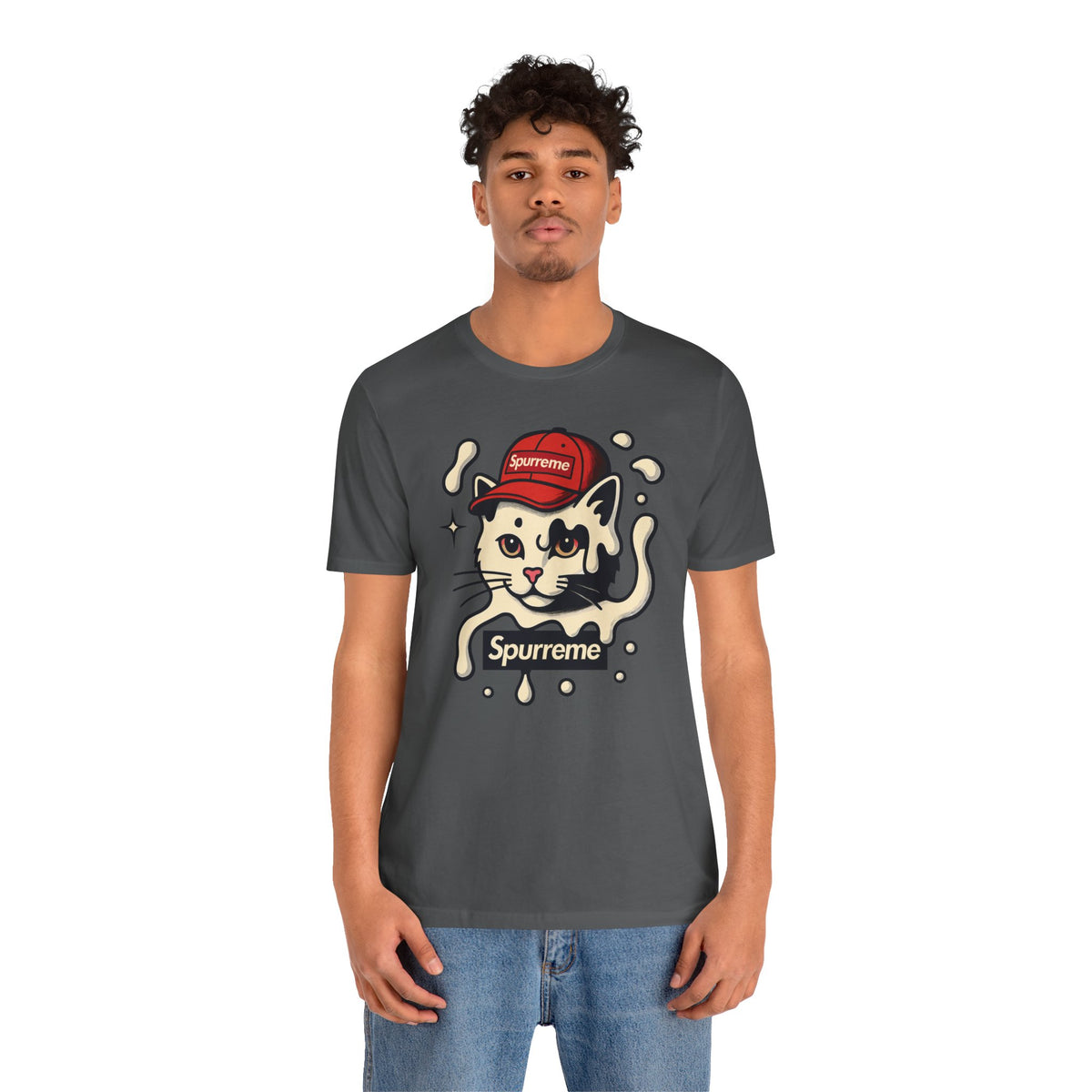 Spurreme Cream Cap Cat Graphic T-Shirt in asphalt, worn by a model
