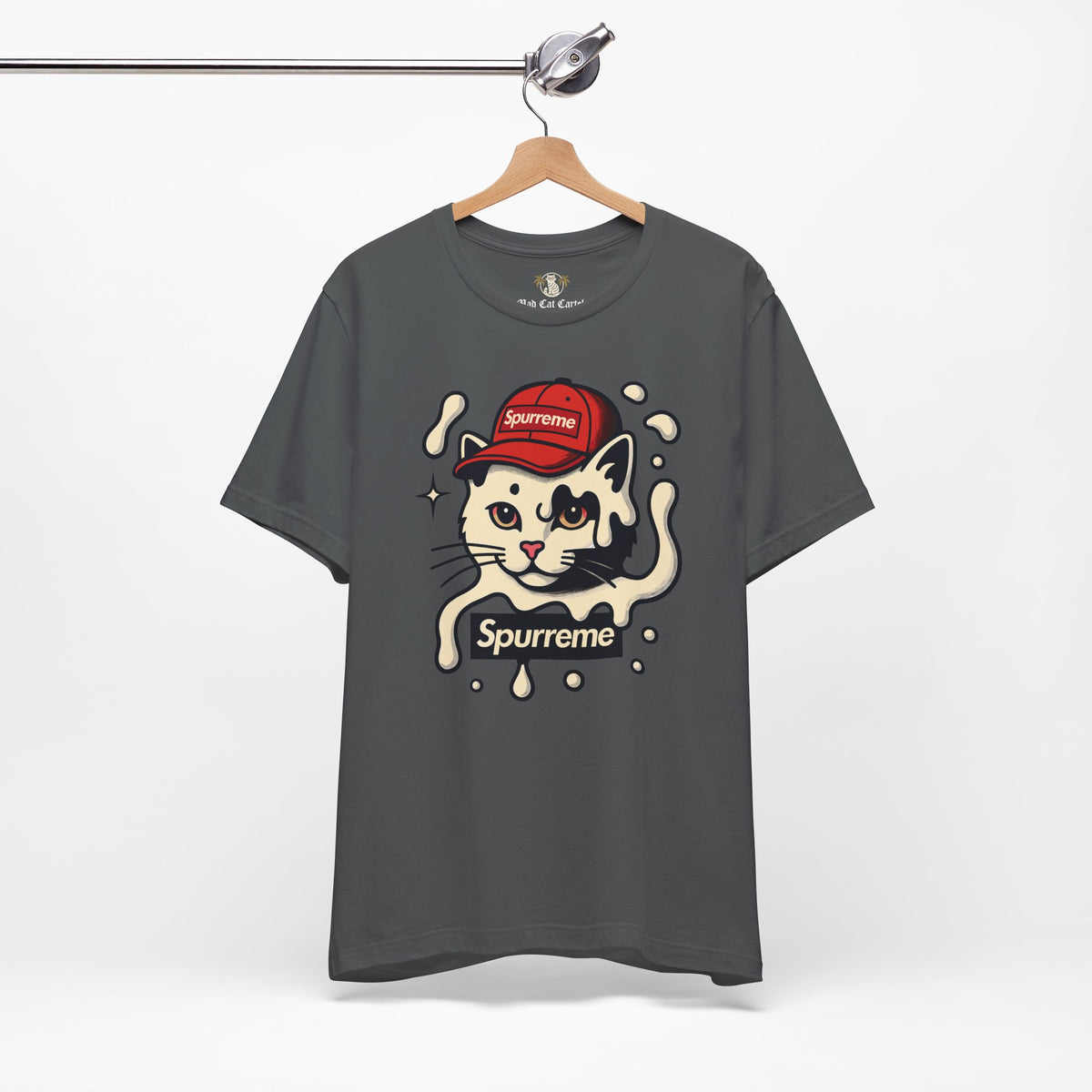 Spurreme Cream Cap Cat Graphic T-Shirt in asphalt, on a hanger