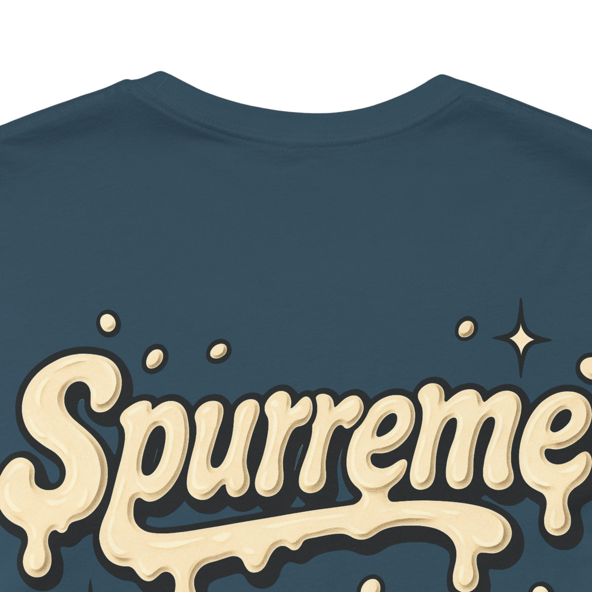 Spurreme Cream Cap Cat Graphic T-Shirt in deep teal, close-up detail