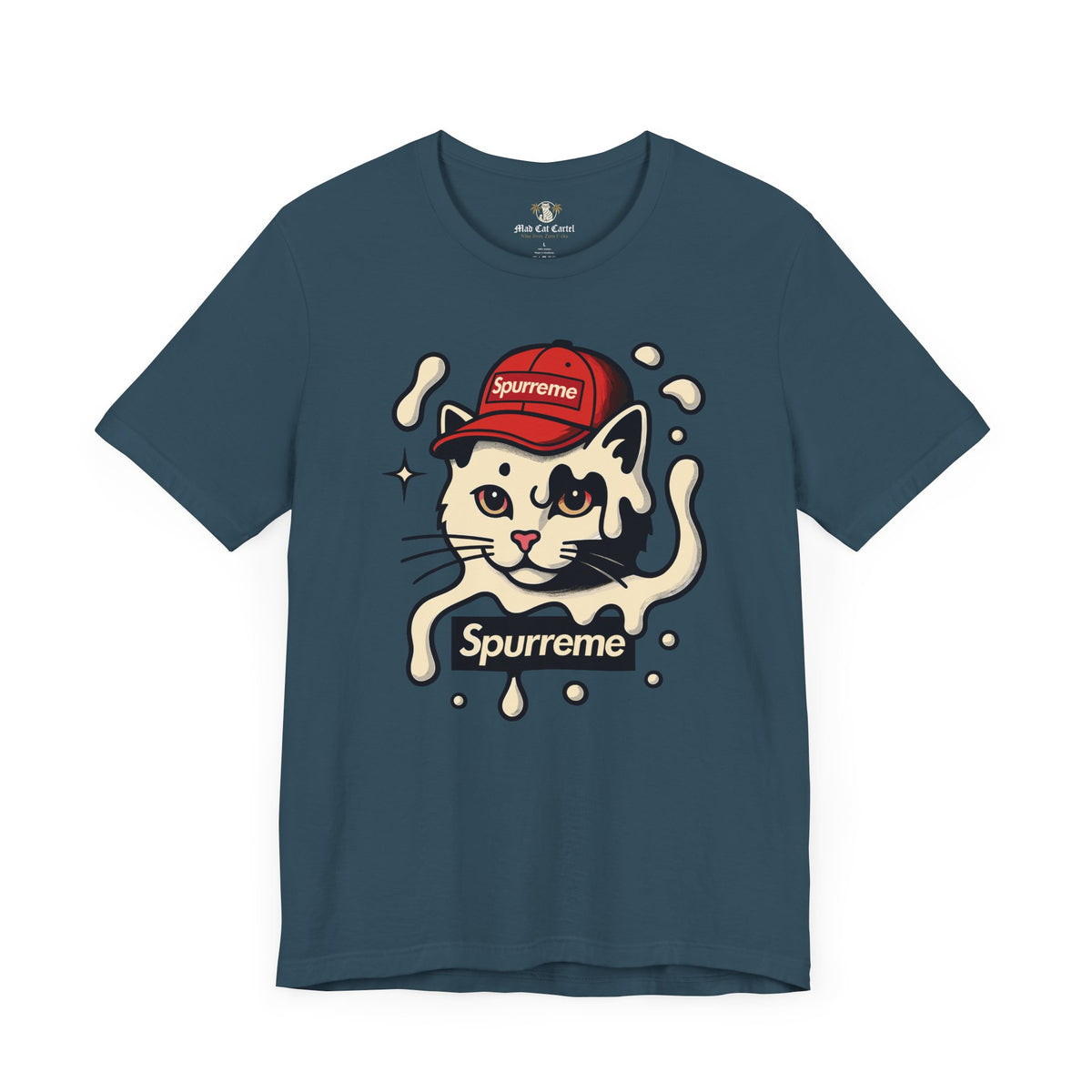Spurreme Cream Cap Cat Graphic T-Shirt in deep teal, flat lay