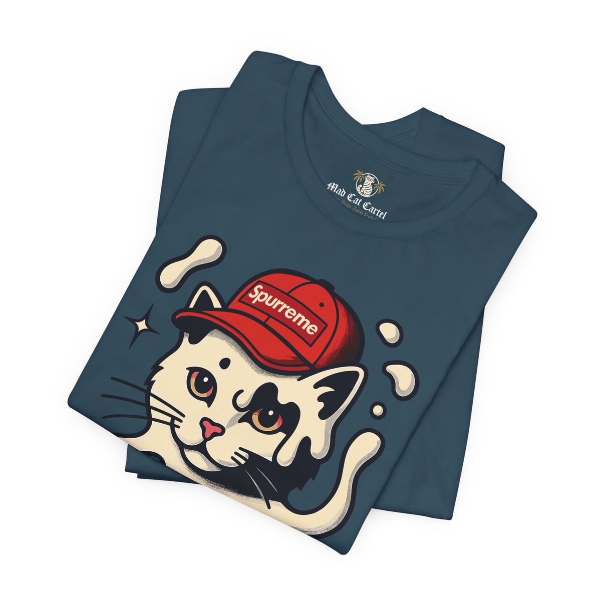 Spurreme Cream Cap Cat Graphic T-Shirt in deep teal, folded