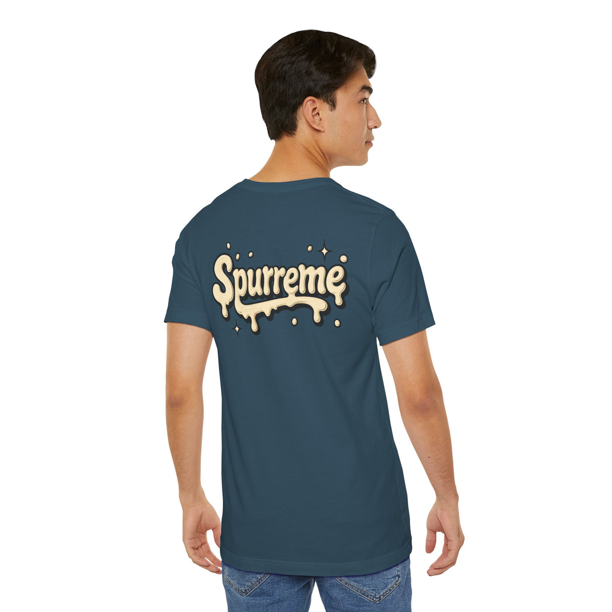 Spurreme Cream Cap Cat Graphic T-Shirt in deep teal, back view on a male model