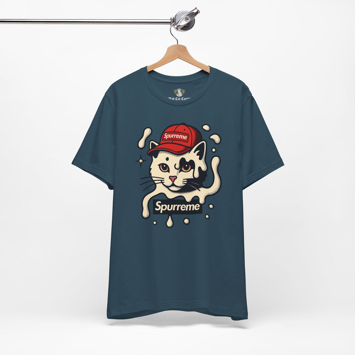 Spurreme Cream Cap Cat Graphic T-Shirt in deep teal, on a hanger