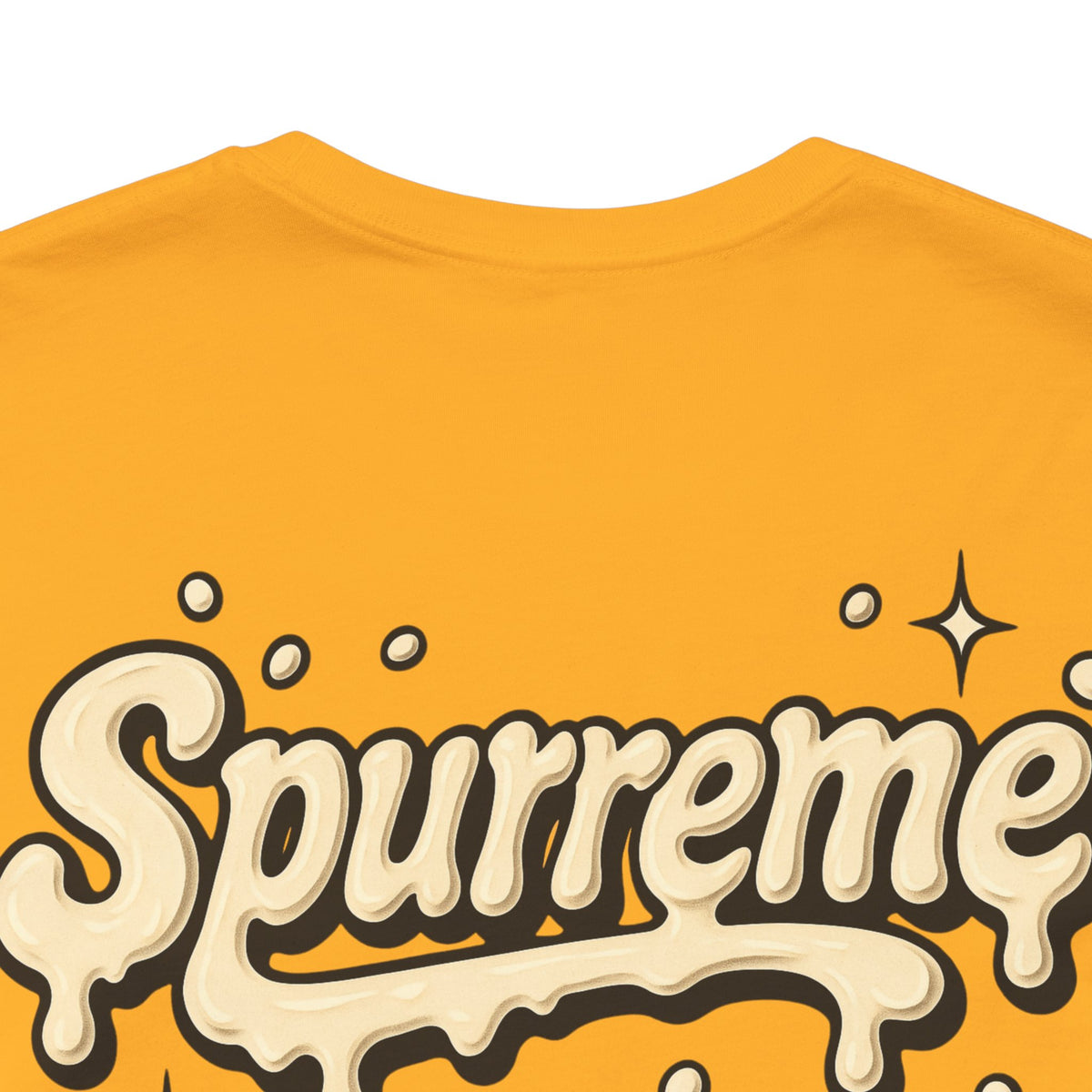 Spurreme Cream Cap Cat Graphic T-Shirt in gold, close-up of the back print