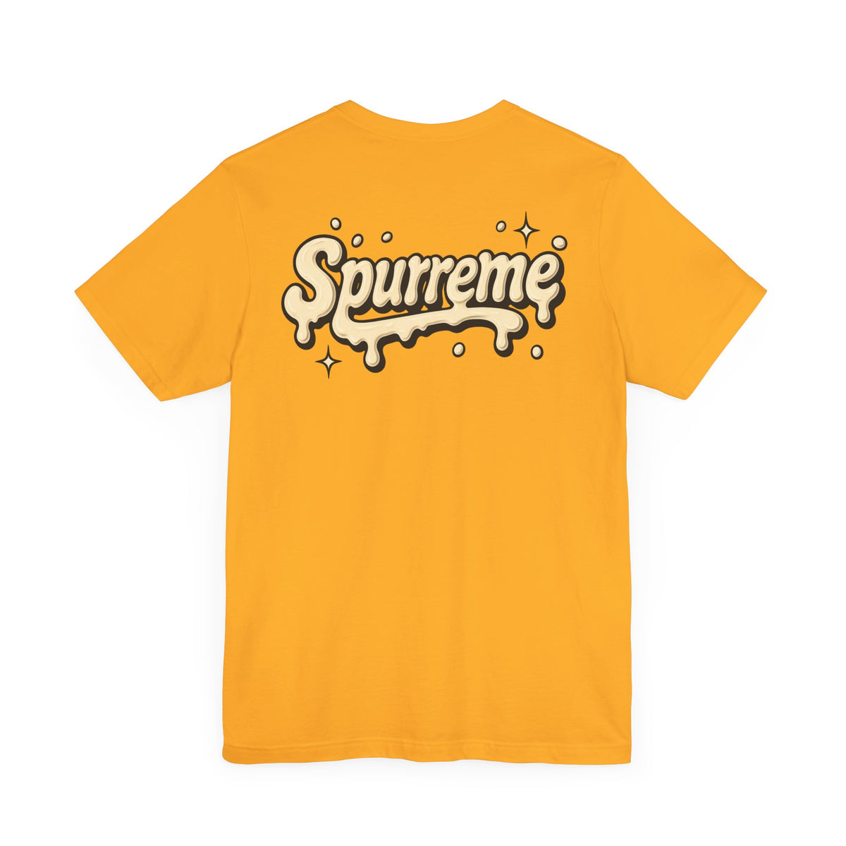 Spurreme Cream Cap Cat Graphic T-Shirt in gold, flat lay, back