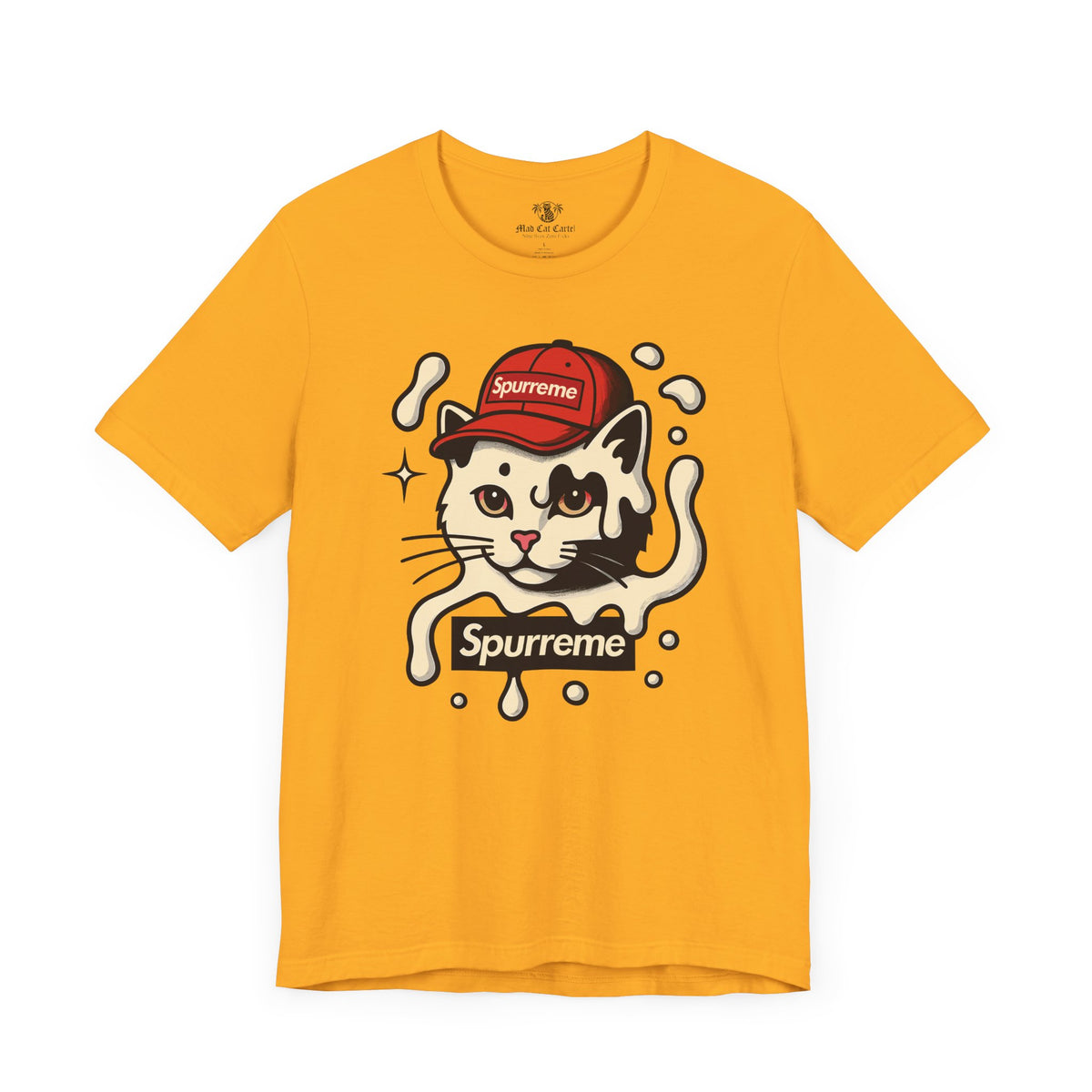 Spurreme Cream Cap Cat Graphic T-Shirt in gold, flat lay