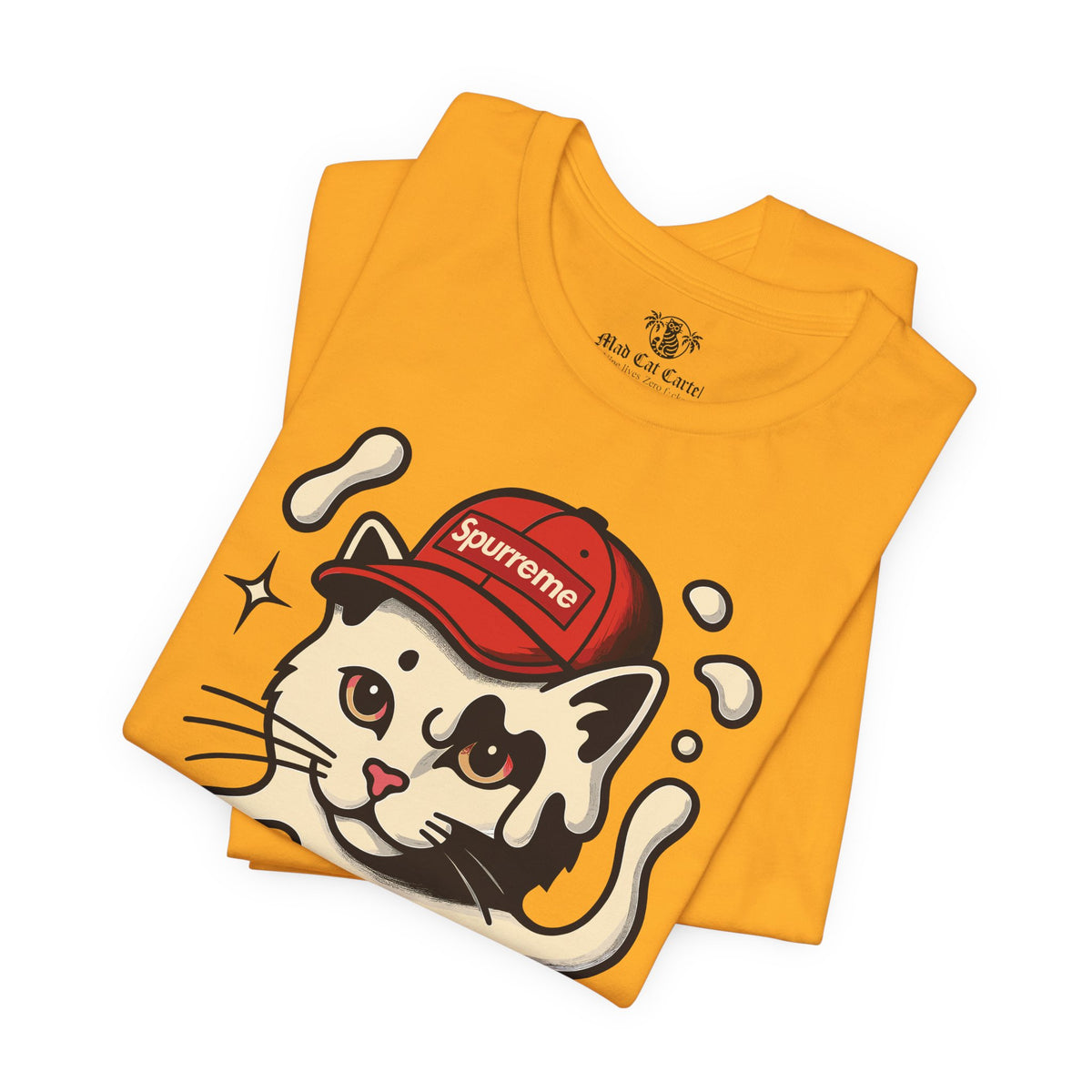 Spurreme Cream Cap Cat Graphic T-Shirt in gold, folded