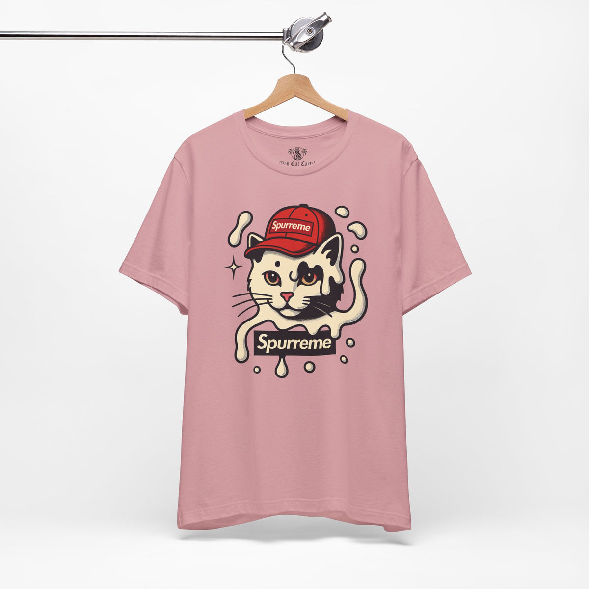 Spurreme Cream Cap Cat Graphic T-Shirt in orchid, on a hanger
