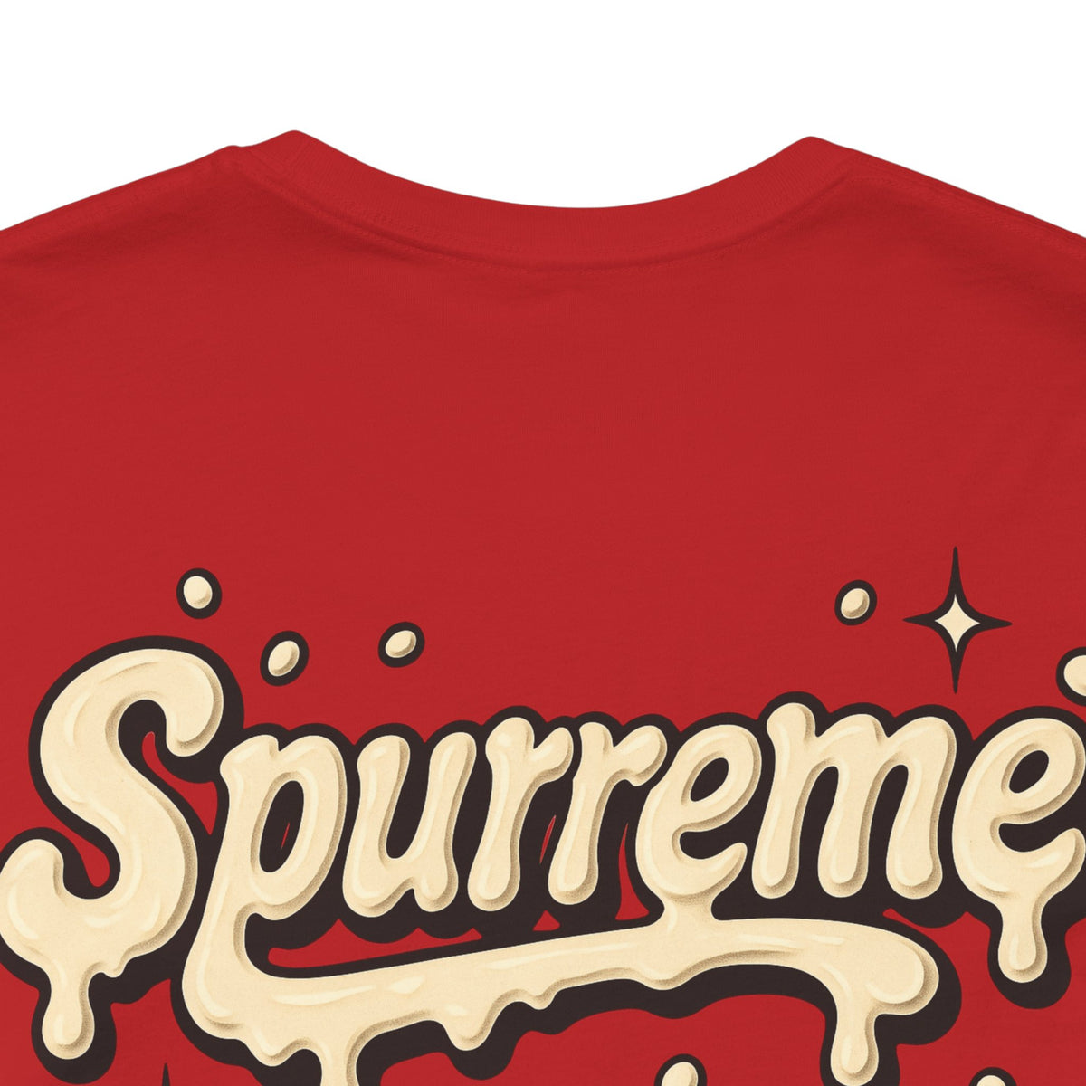 Spurreme Cream Cap Cat Graphic T-Shirt in red, close-up of the back print