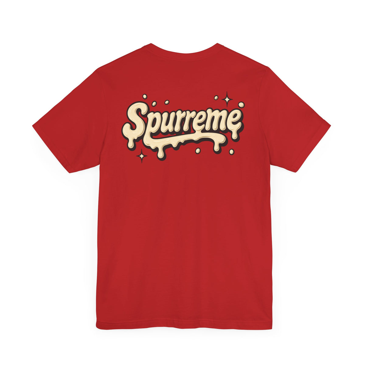 Spurreme Cream Cap Cat Graphic T-Shirt in red, flat lay, back