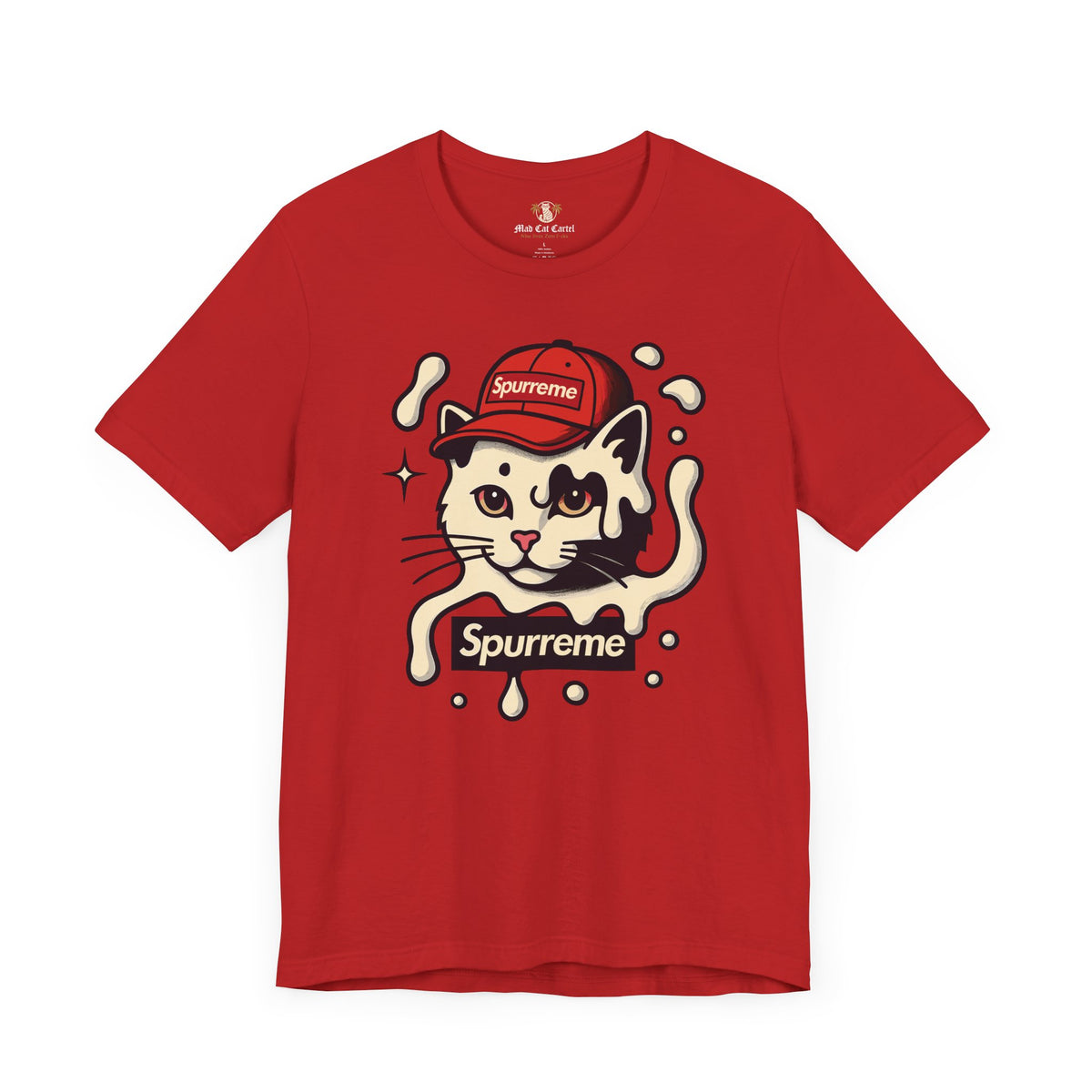 Spurreme Cream Cap Cat Graphic T-Shirt in red, flat lay