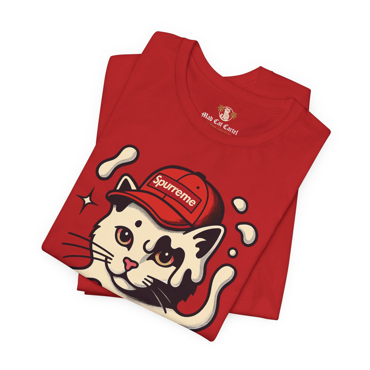 Spurreme Cream Cap Cat Graphic T-Shirt in red, folded