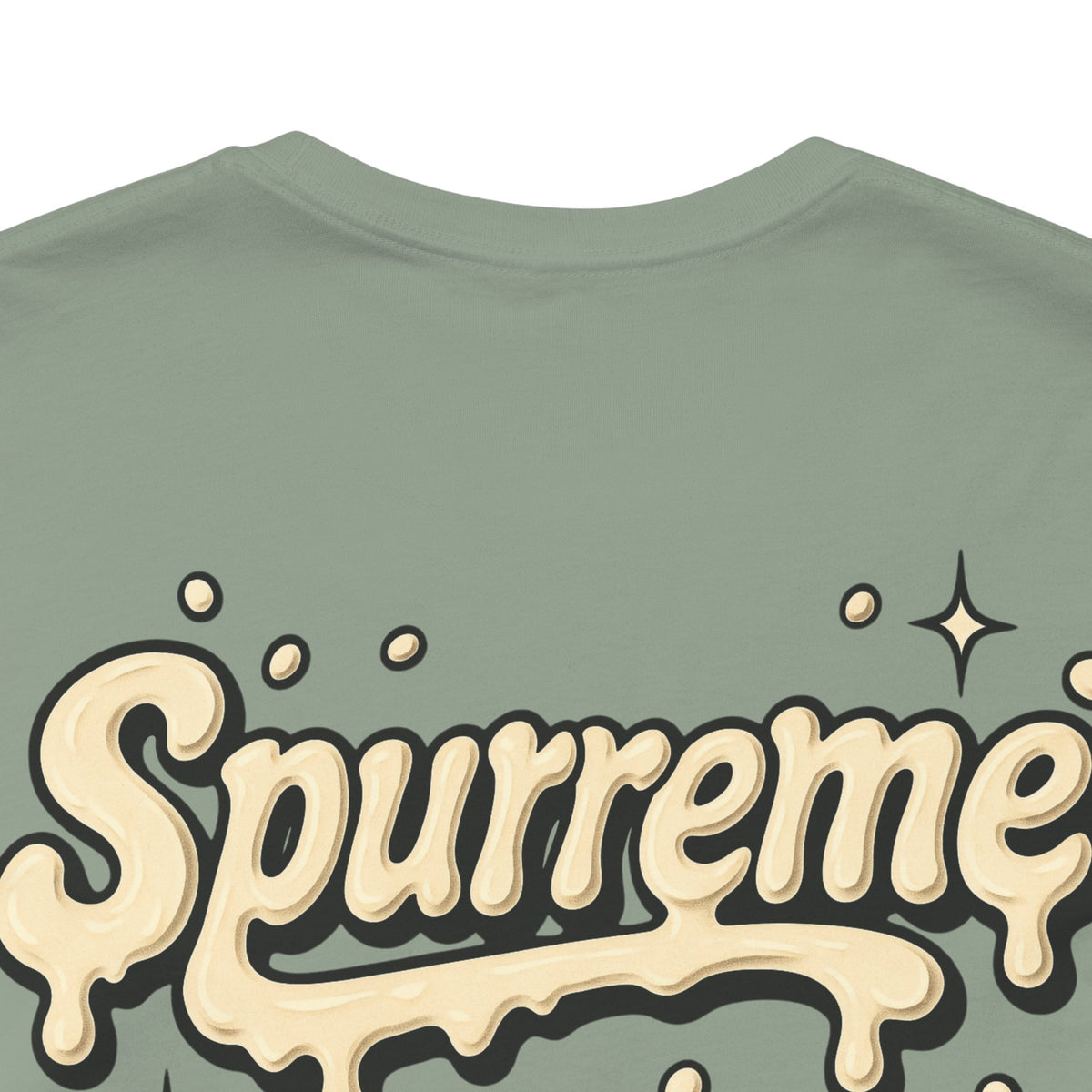 Spurreme Cream Cap Cat Graphic T-Shirt in sage, close-up of the back print
