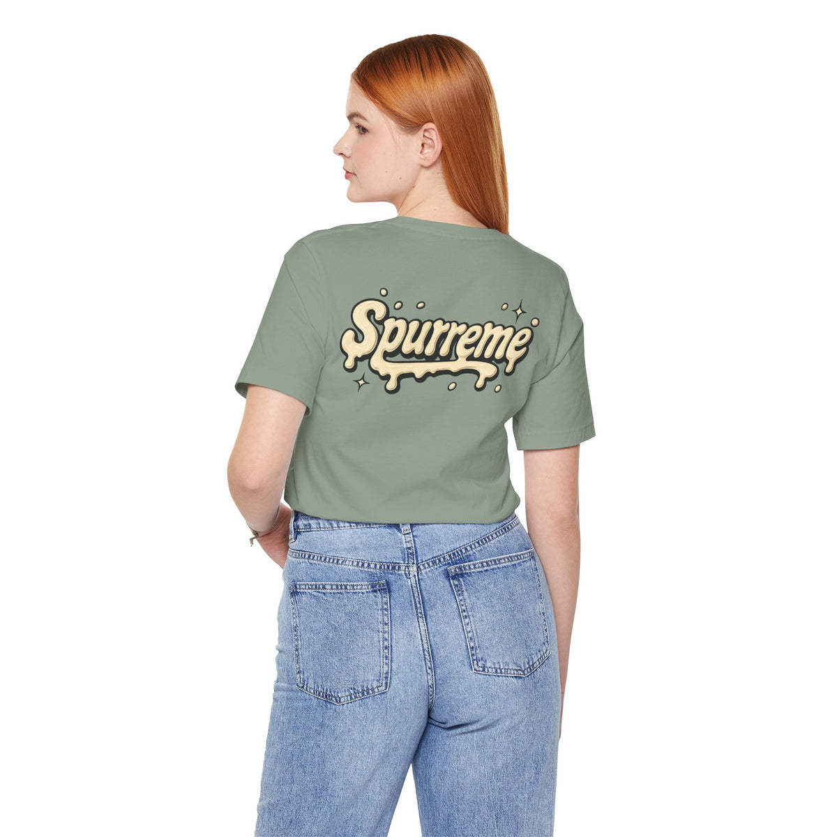 Spurreme Cream Cap Cat Graphic T-Shirt in sage, back view on a female model