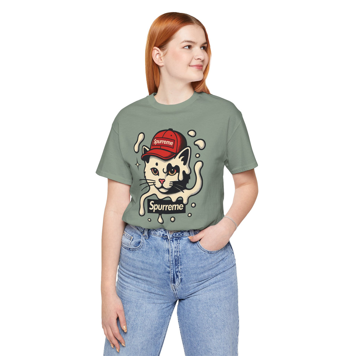 Spurreme Cream Cap Cat Graphic T-Shirt in sage, worn by a female model