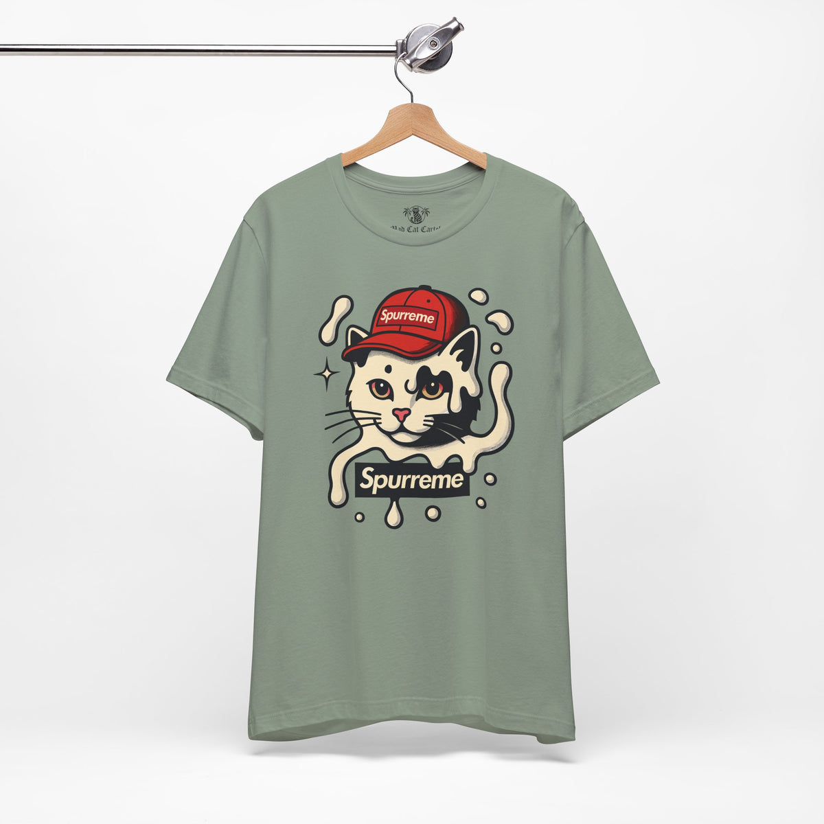 Spurreme Cream Cap Cat Graphic T-Shirt in sage, flat lay