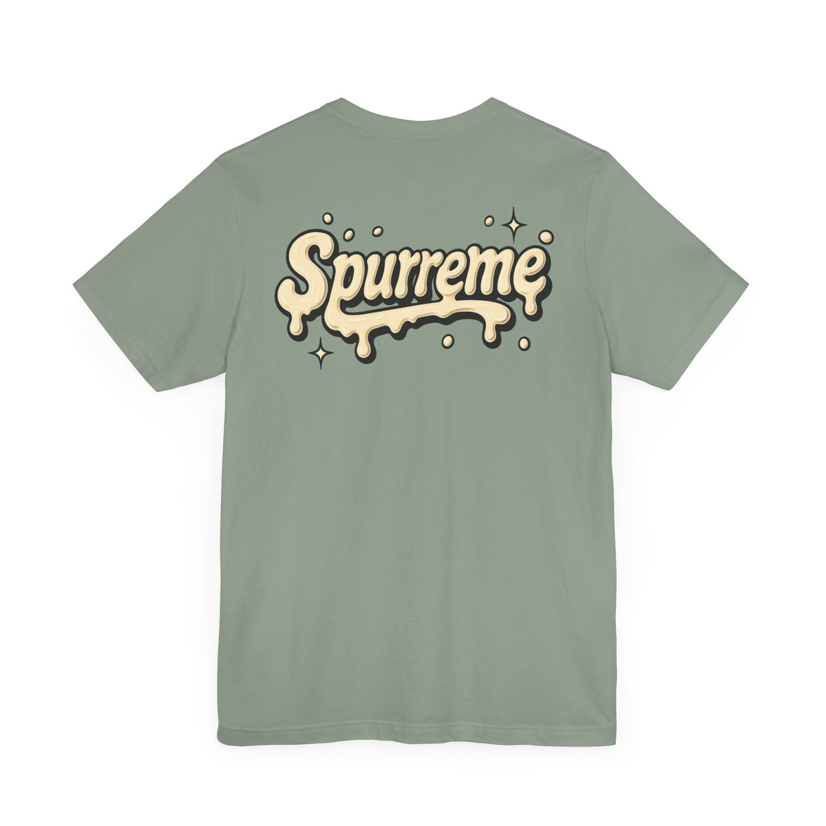 Spurreme Cream Cap Cat Graphic T-Shirt in sage, flat lay, back