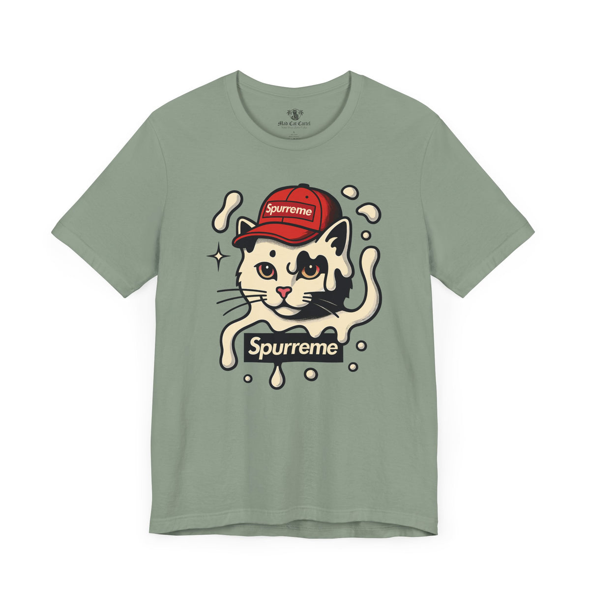 Spurreme Cream Cap Cat Graphic T-Shirt in sage, flat lay