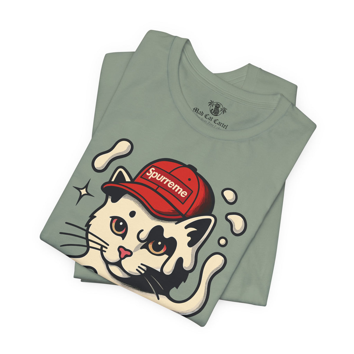 Spurreme Cream Cap Cat Graphic T-Shirt in sage, folded