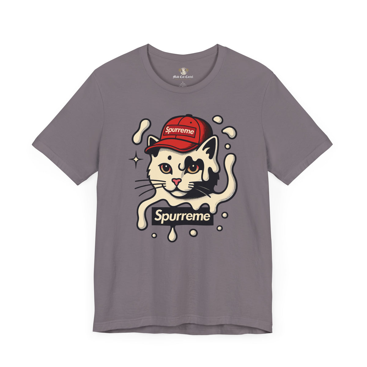 Spurreme Cream Cap Cat Graphic T-Shirt in storm, flat lay
