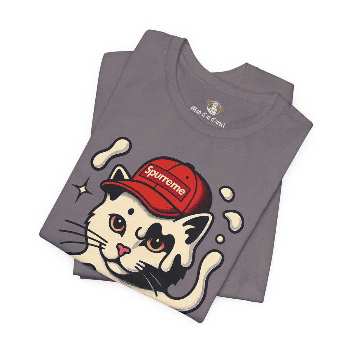 Spurreme Cream Cap Cat Graphic T-Shirt in storm, folded