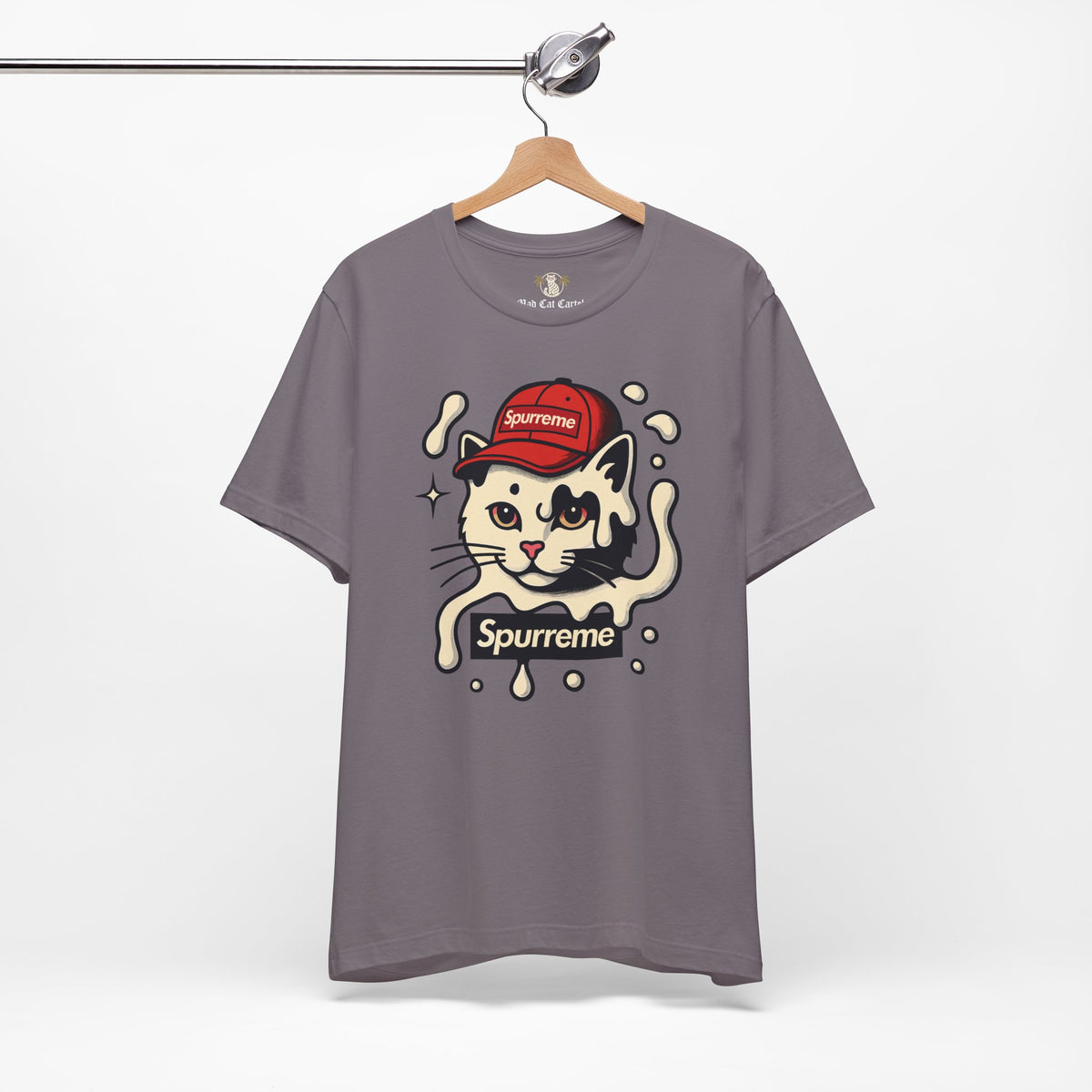 Spurreme Cream Cap Cat Graphic T-Shirt in storm, on a hanger