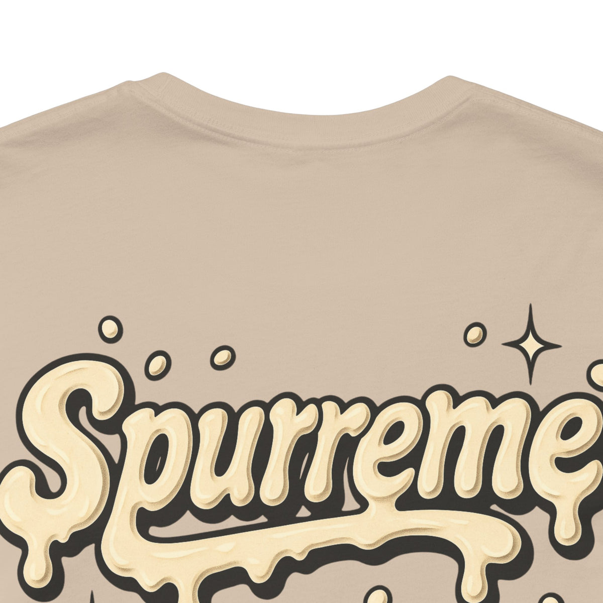 Spurreme Cream Cap Cat Graphic T-Shirt in tan, close-up of the back print