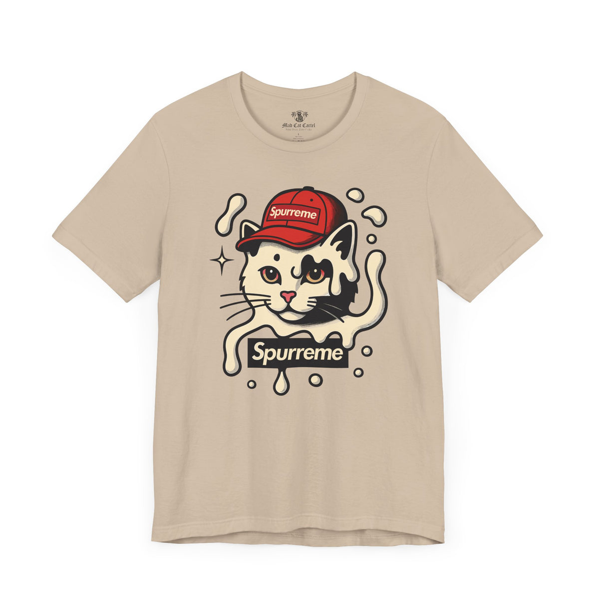 Spurreme Cream Cap Cat Graphic T-Shirt in tan, flat lay