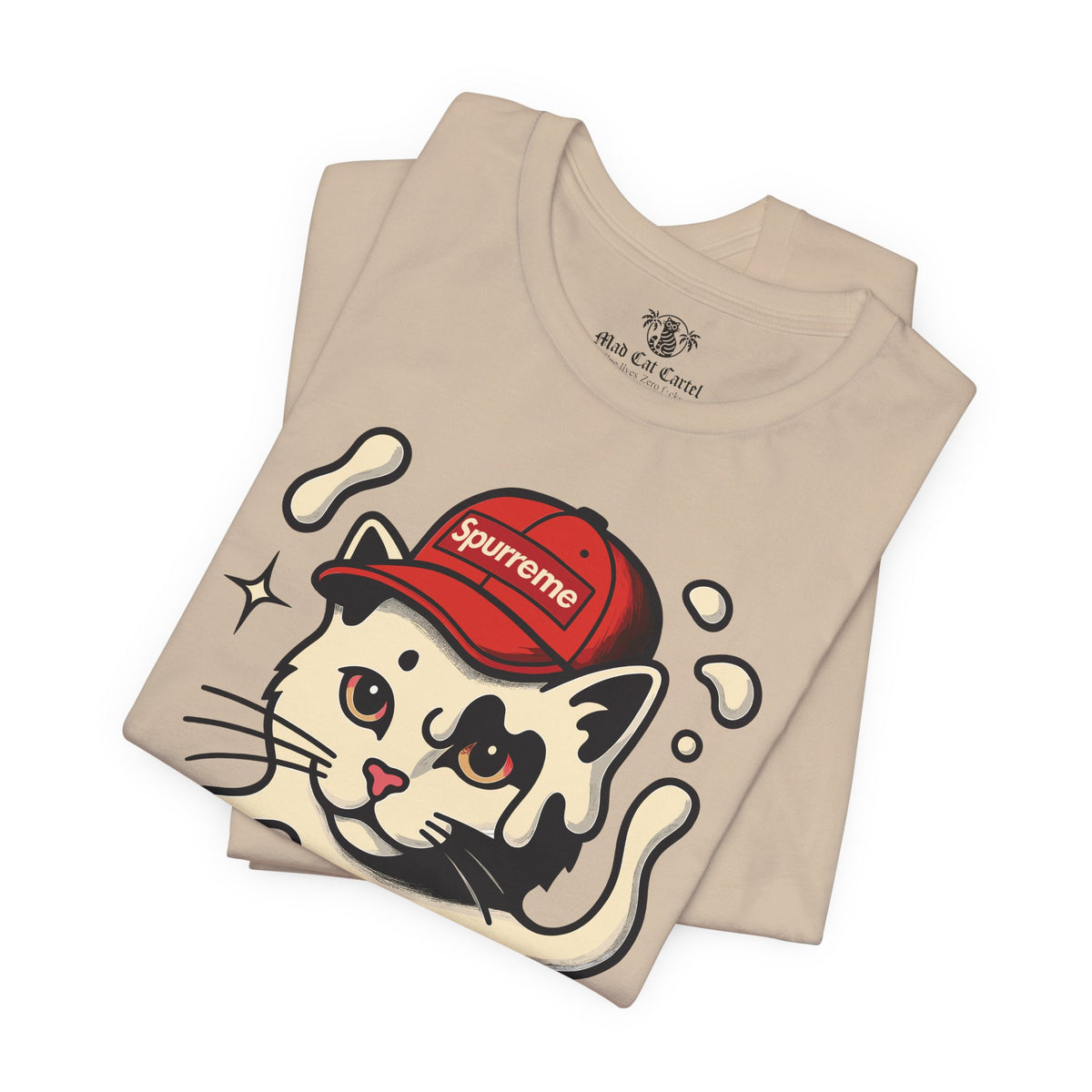 Spurreme Cream Cap Cat Graphic T-Shirt in tan, folded
