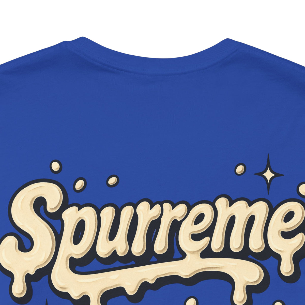 Spurreme Cream Cap Cat Graphic T-Shirt in true royal, close-up of the back print