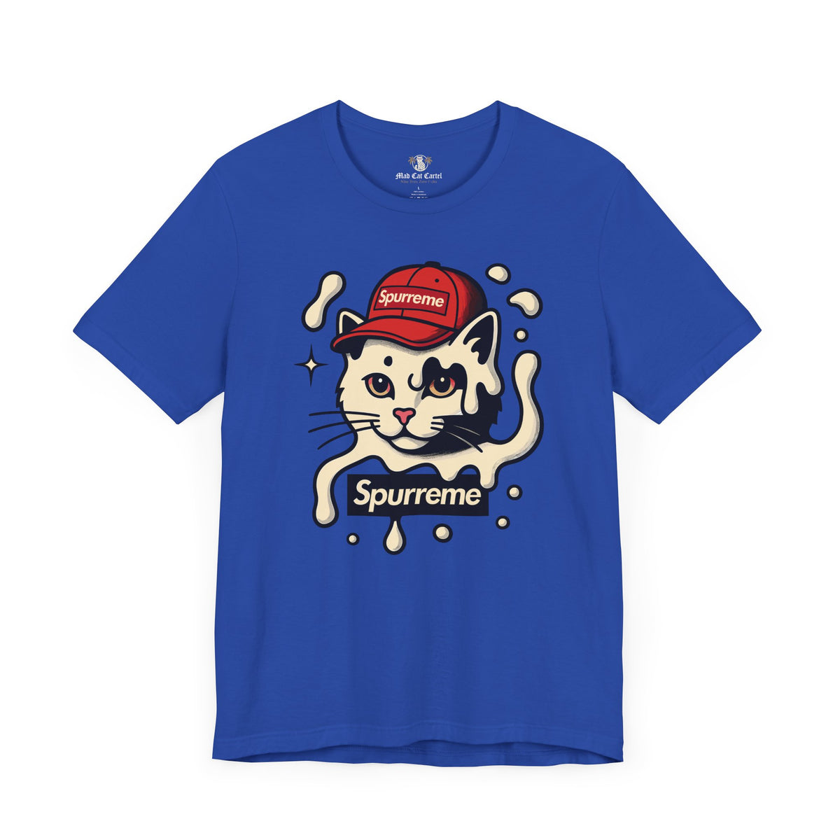 Spurreme Cream Cap Cat Graphic T-Shirt in true royal, flat lay