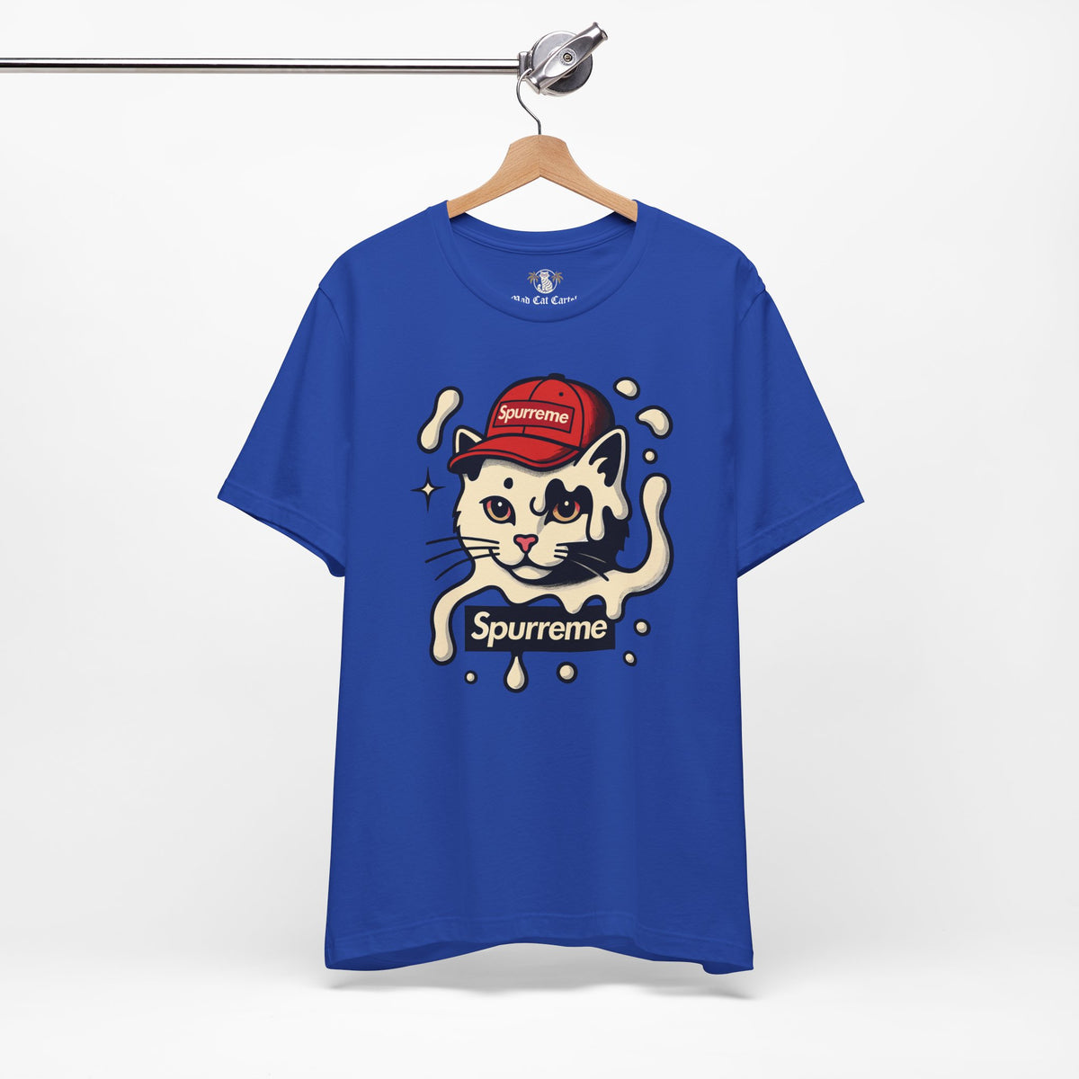 Spurreme Cream Cap Cat Graphic T-Shirt in true royal, on a hanger