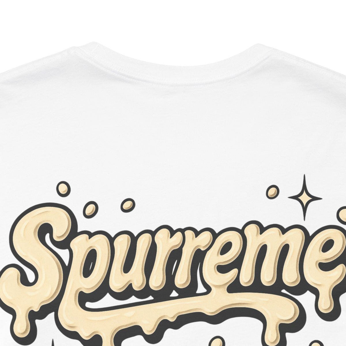 Spurreme Cream Cap Cat Graphic T-Shirt in white, close-up of the back print