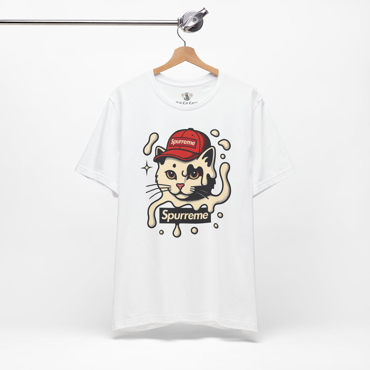 Spurreme Cream Cap Cat Graphic T-Shirt in white, on a hanger